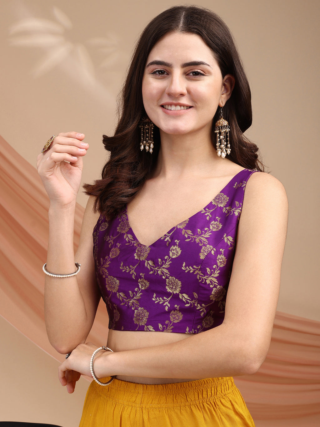 Purple colour brocade sleeveless blouse