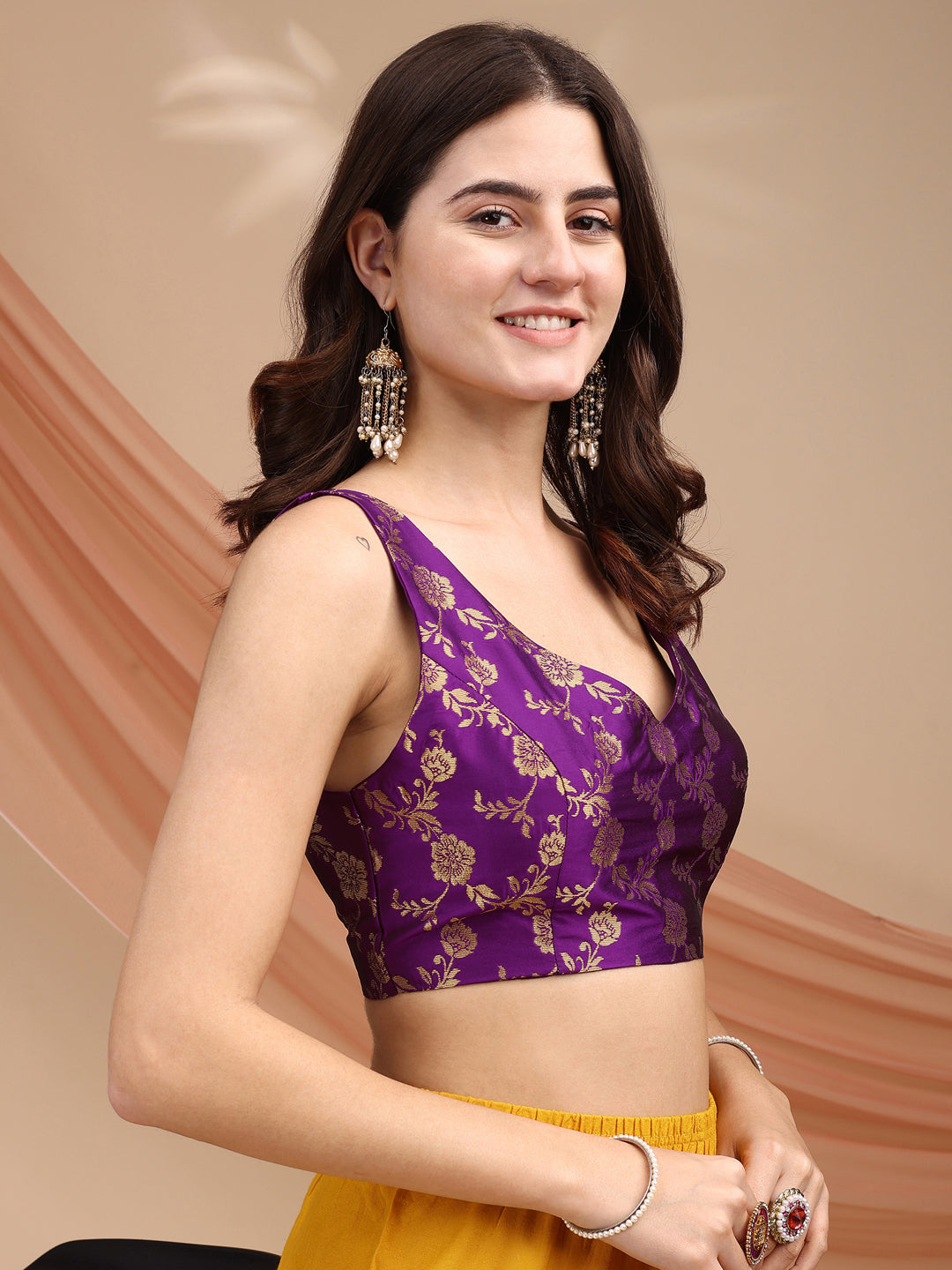 Purple colour brocade sleeveless blouse