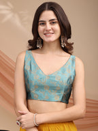 Blue colour brocade sleeveless blouse