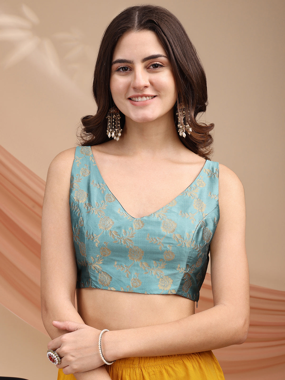 Blue colour brocade sleeveless blouse
