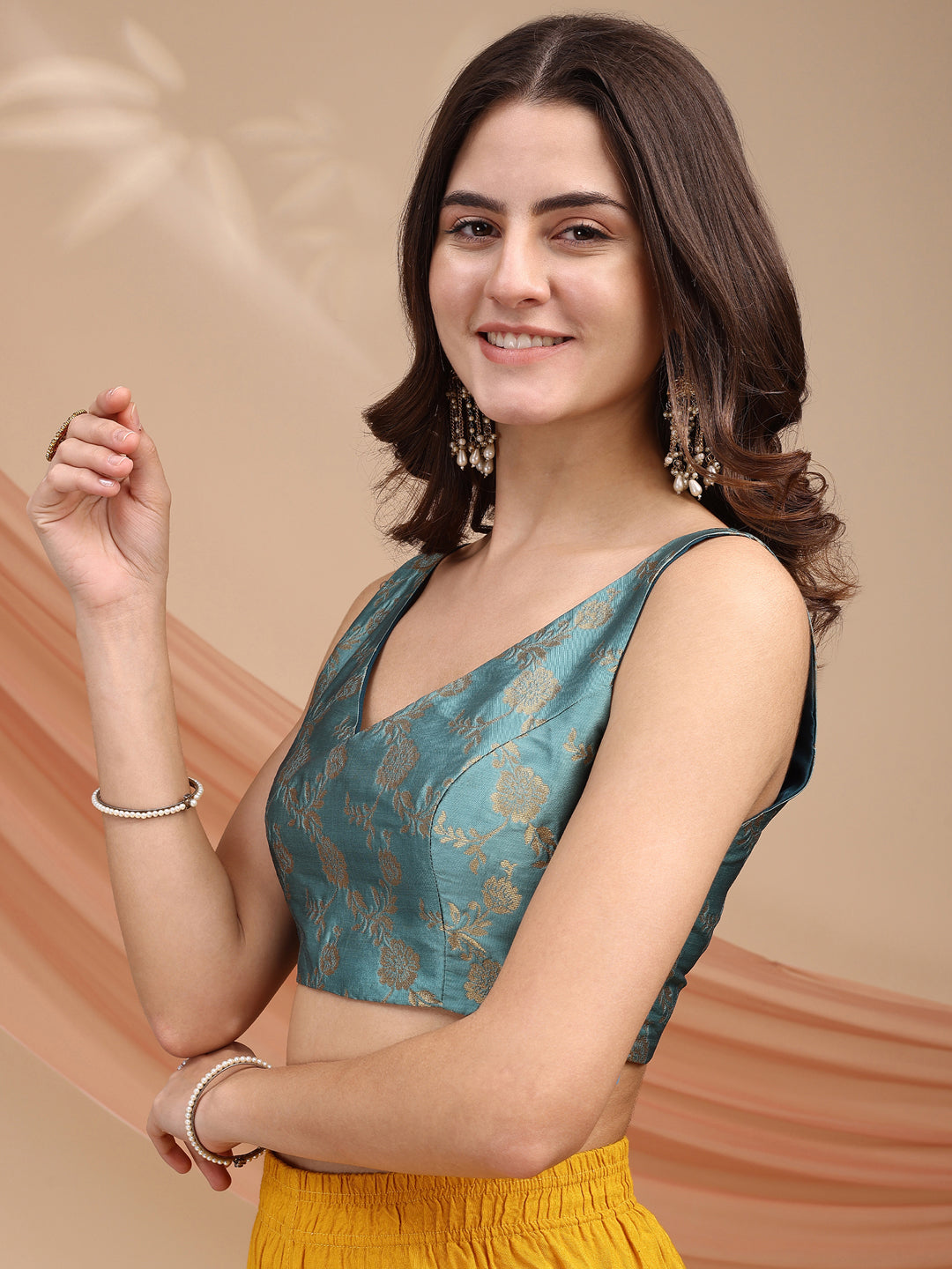 Blue colour brocade sleeveless blouse