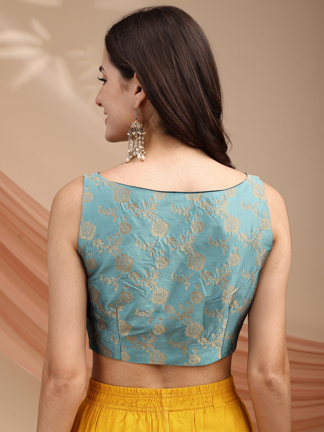 Blue colour brocade sleeveless blouse