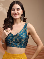 Teal colour brocade sleeveless blouse