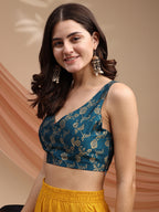 Teal colour brocade sleeveless blouse