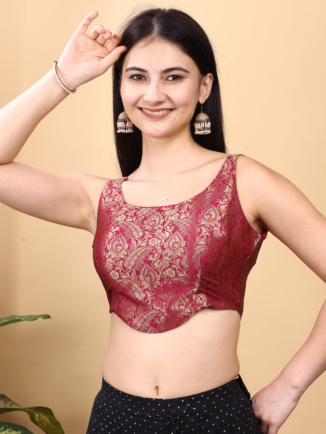 Pink colored jacquard corset blouse with tie up at back