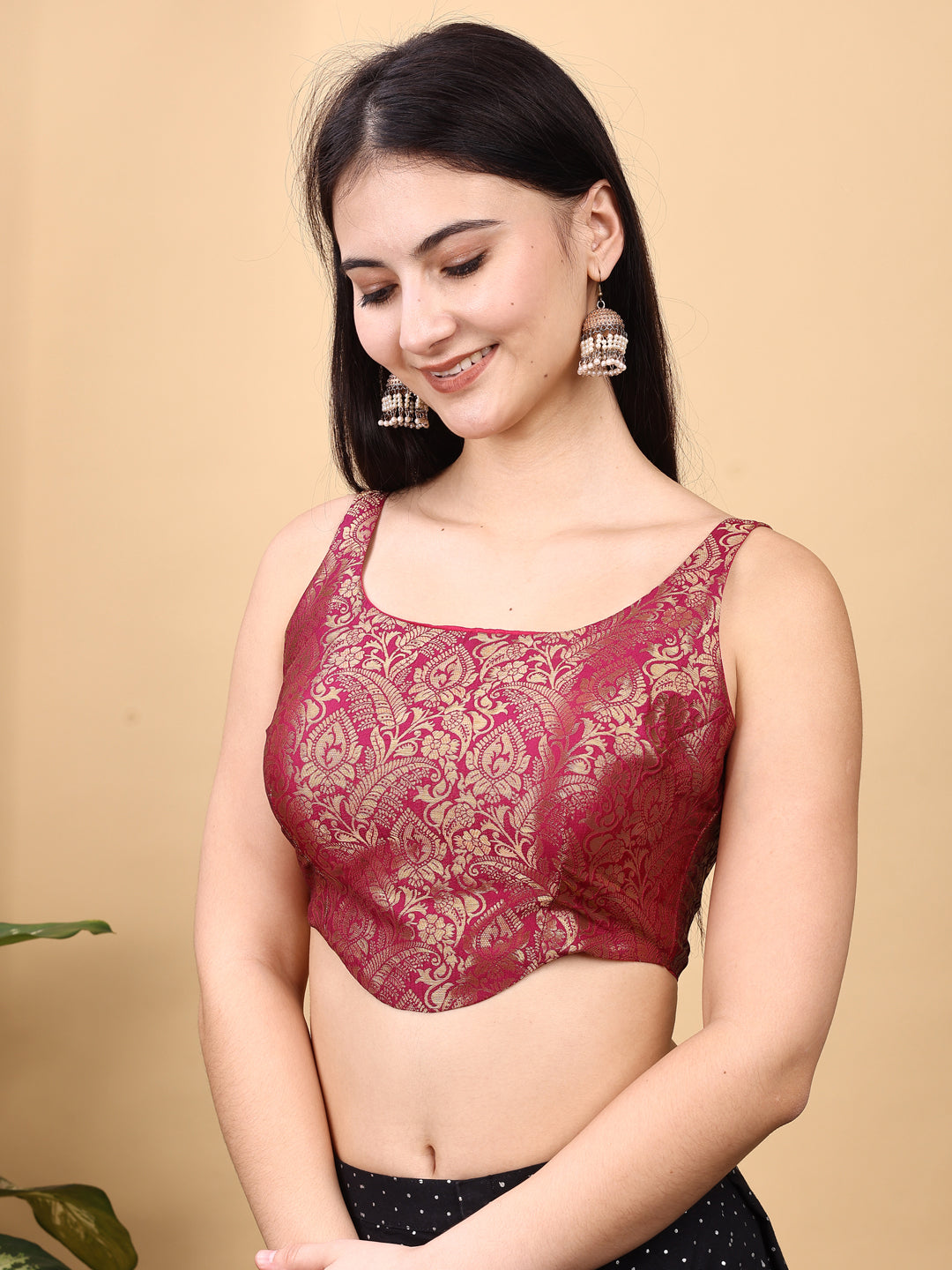 Pink colored jacquard corset blouse with tie up at back