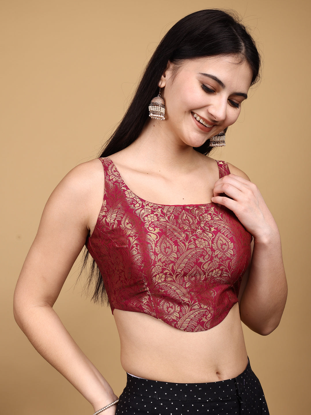 Pink colored jacquard corset blouse with tie up at back