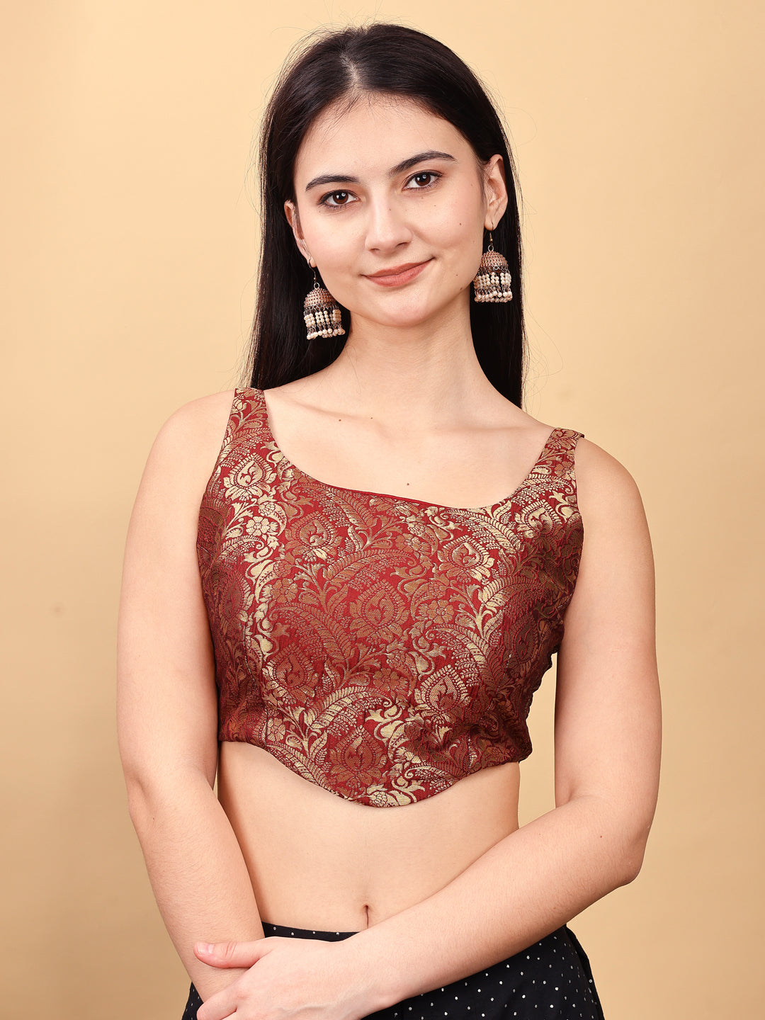 Maroon colored jacquard corset blouse with tie up at back