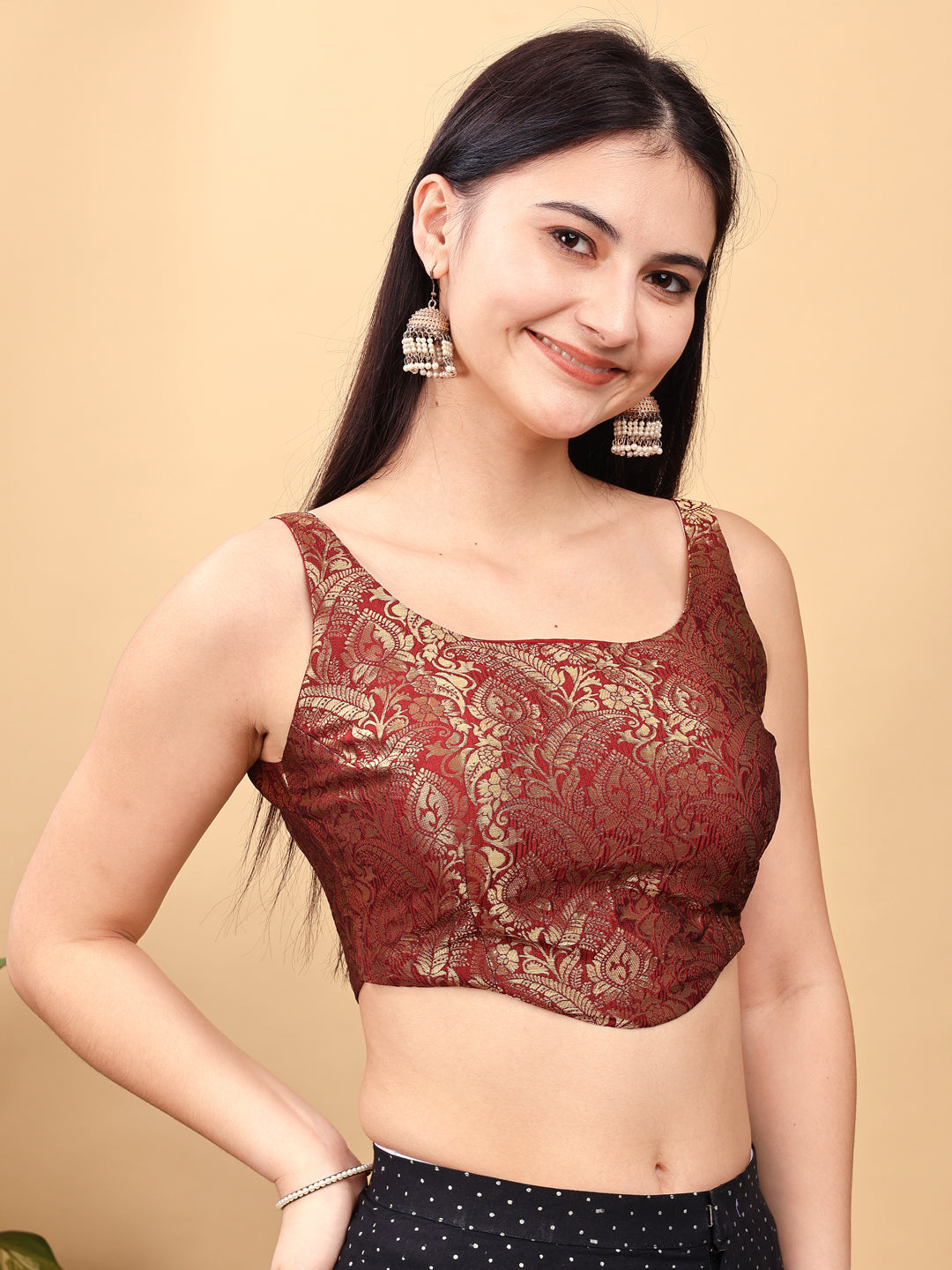 Maroon colored jacquard corset blouse with tie up at back