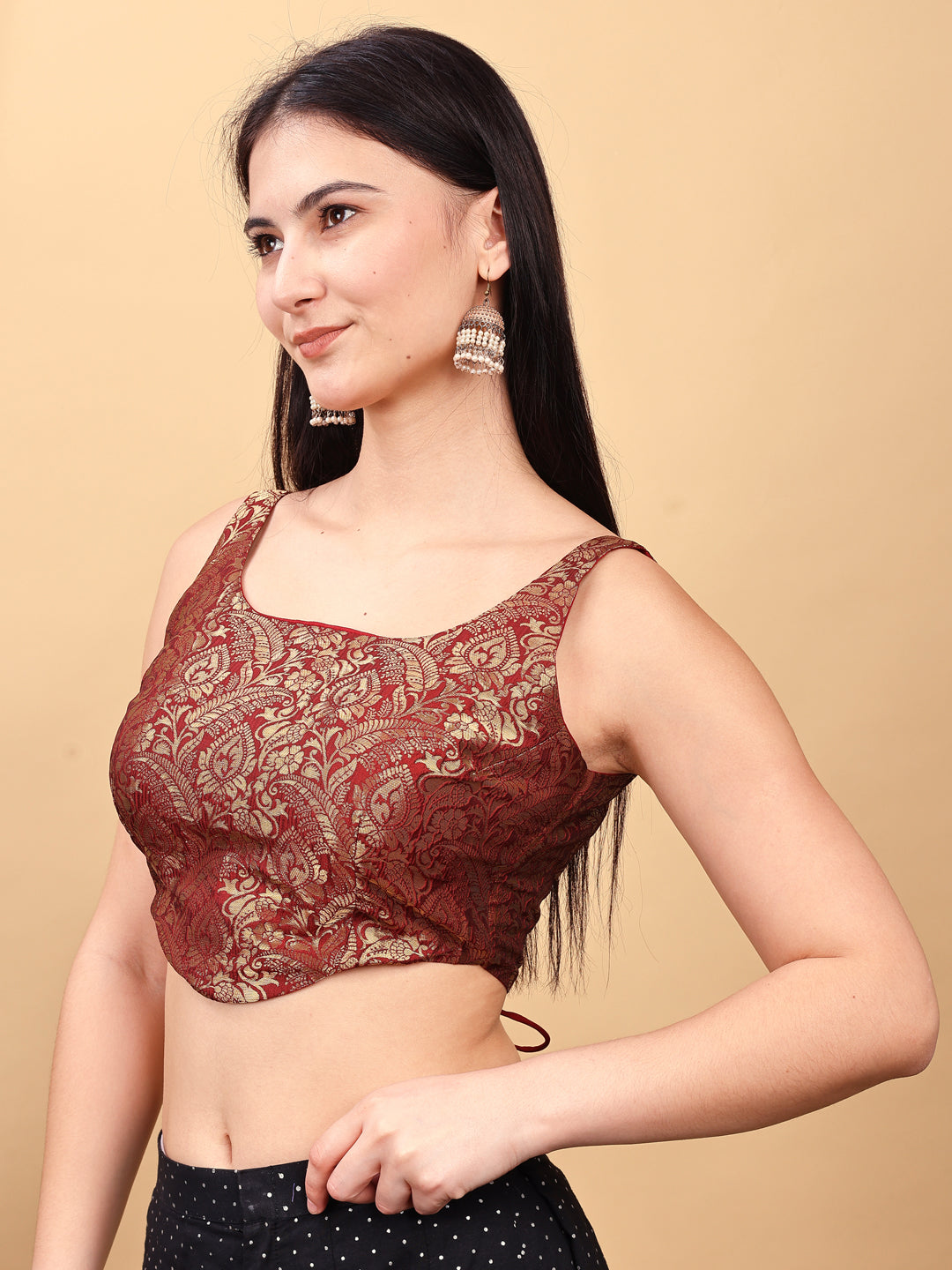 Maroon colored jacquard corset blouse with tie up at back