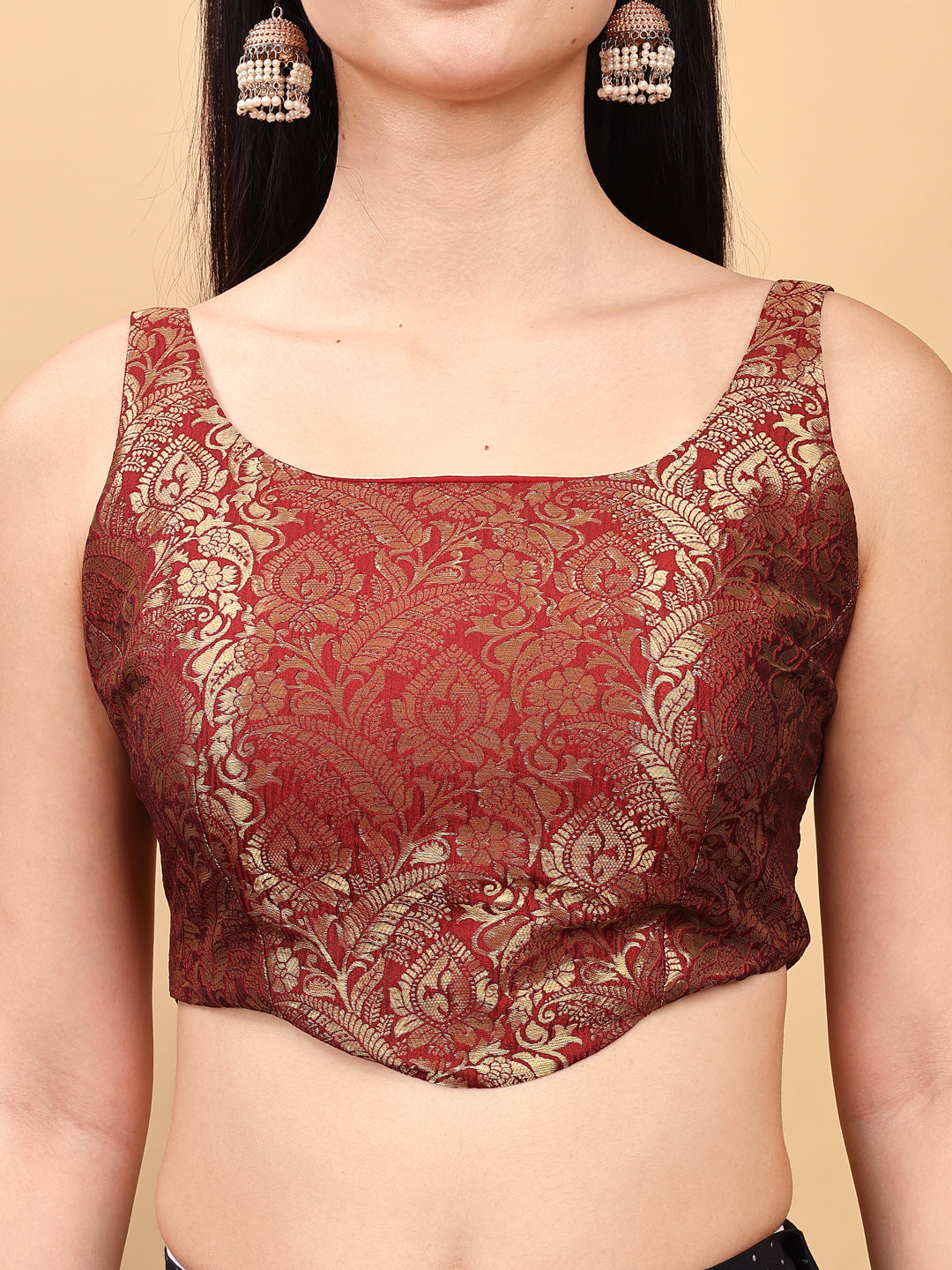 Maroon colored jacquard corset blouse with tie up at back