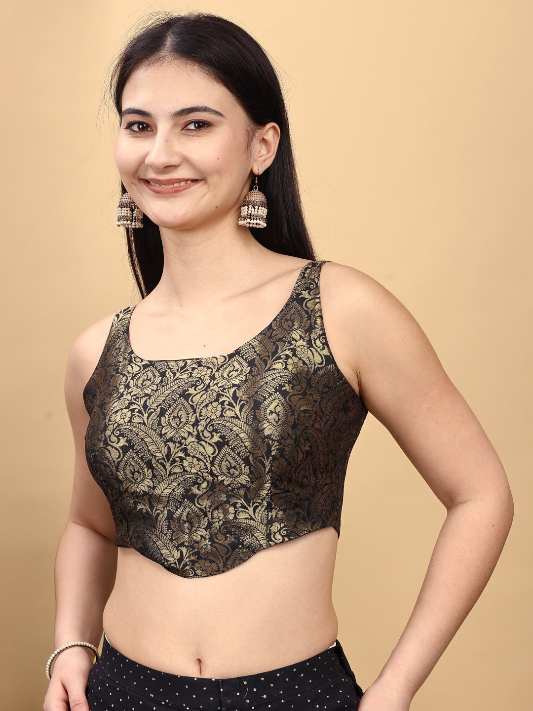 Black colored jacquard corset blouse with tie up at back