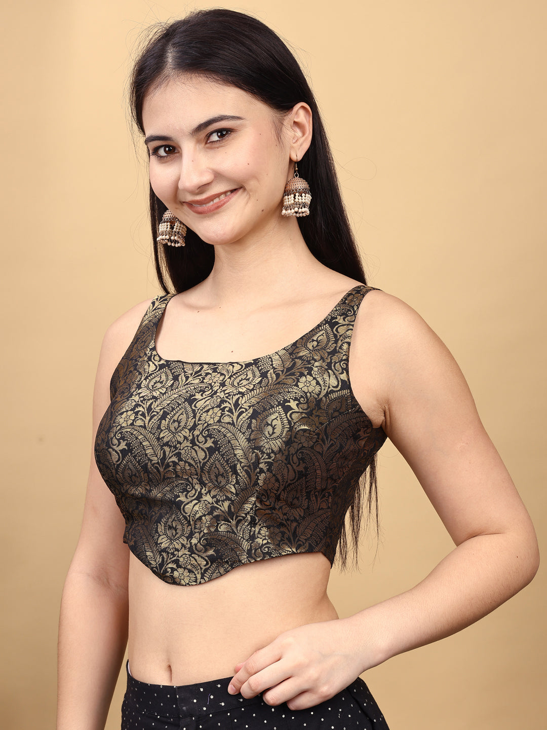 Black colored jacquard corset blouse with tie up at back