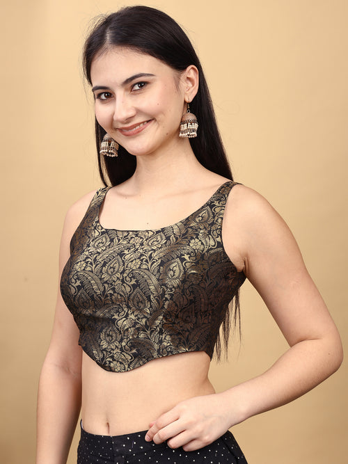 Black colored jacquard corset blouse with tie up at back