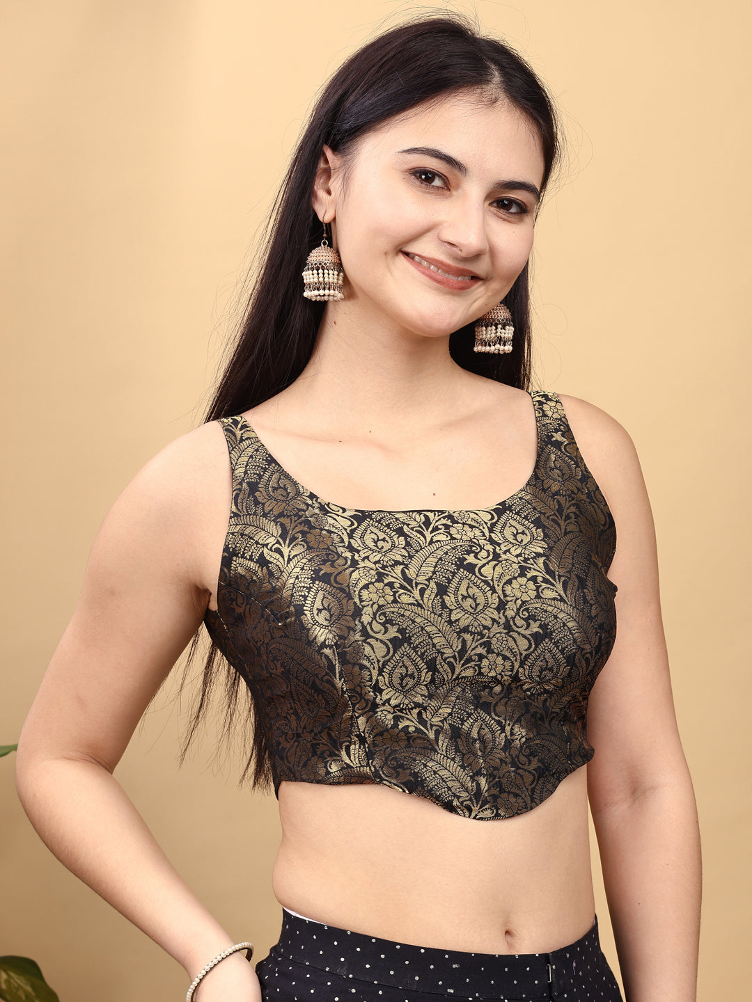 Black colored jacquard corset blouse with tie up at back