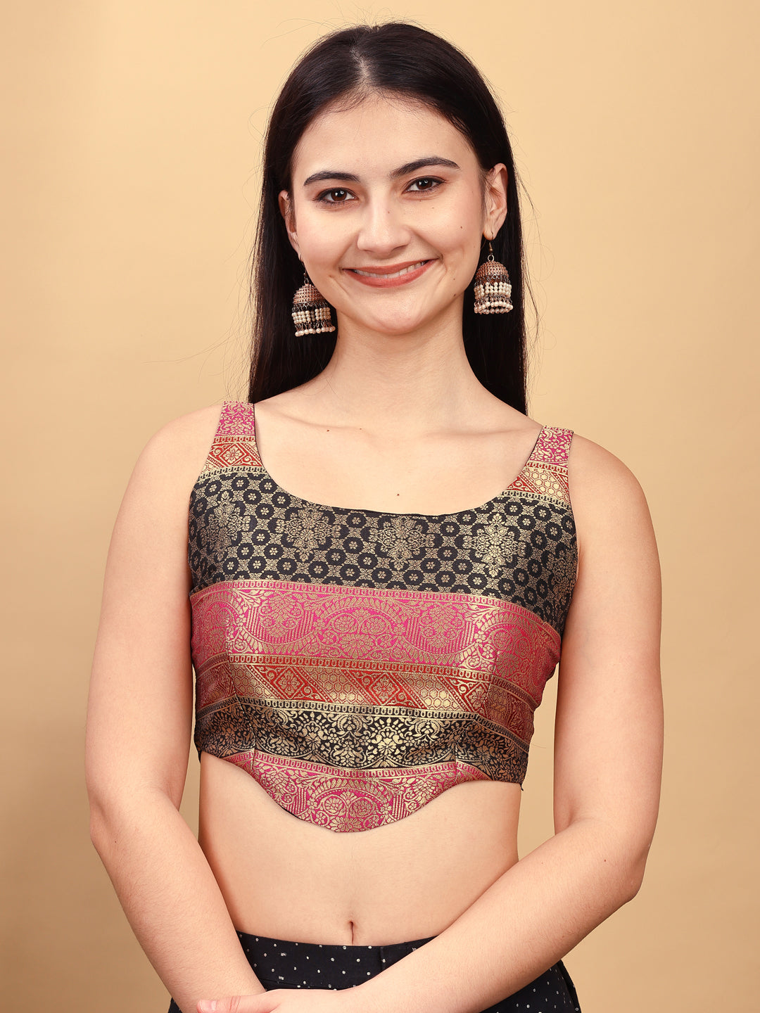 Multicolored jacquard corset blouse with tie up at back