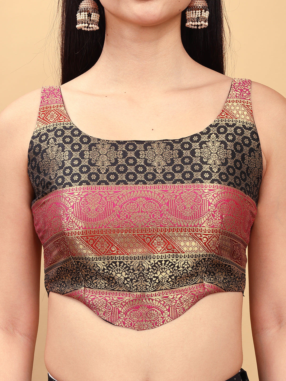 Multicolored jacquard corset blouse with tie up at back