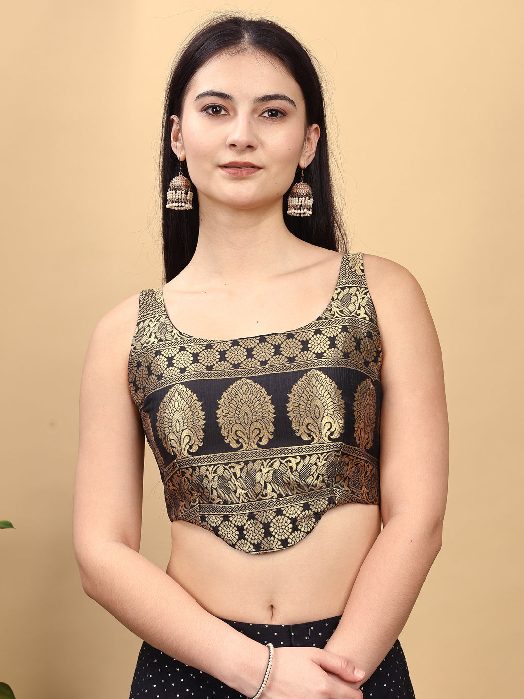 Black colored jacquard corset blouse with tie up at back