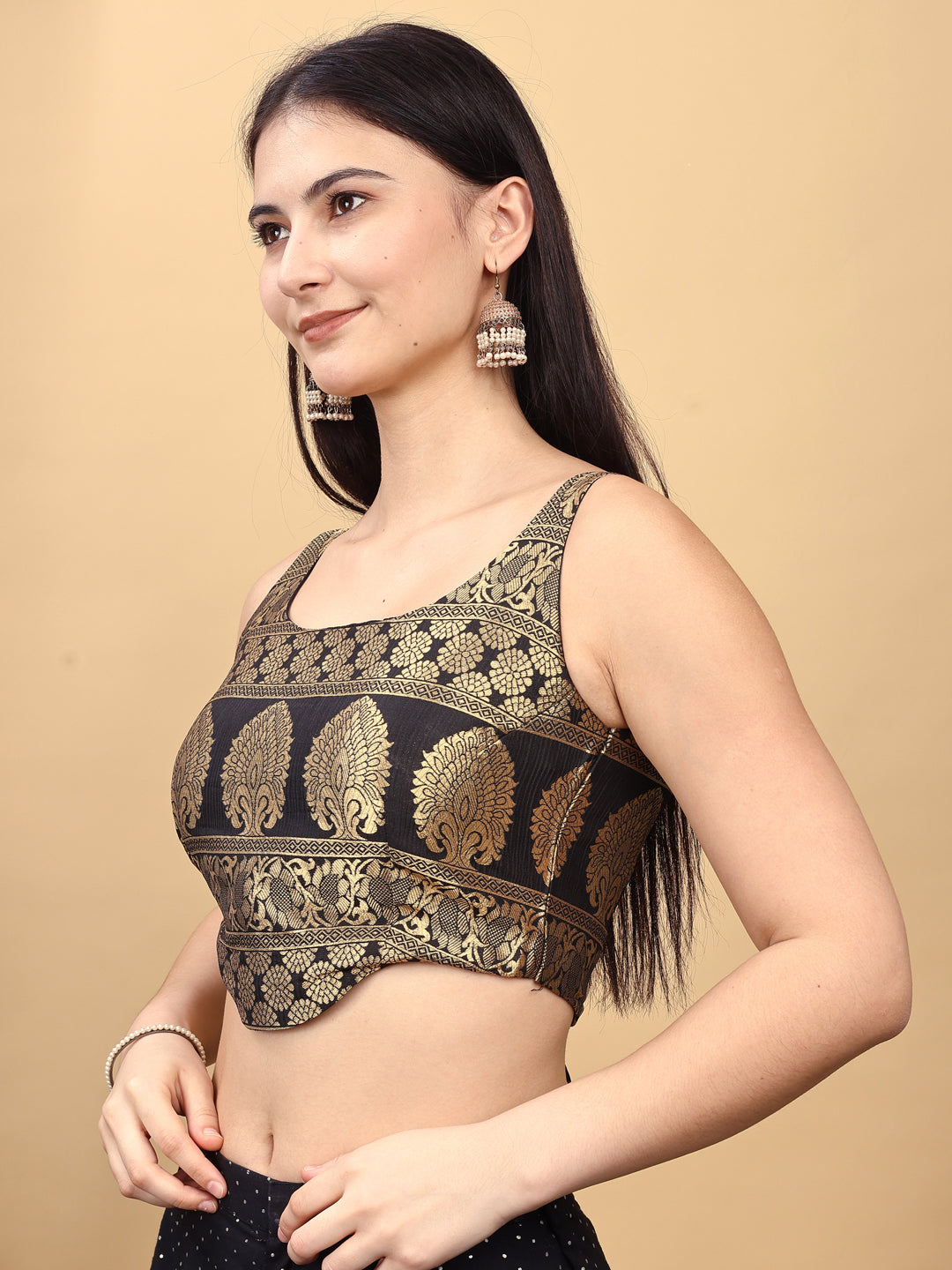 Black colored jacquard corset blouse with tie up at back