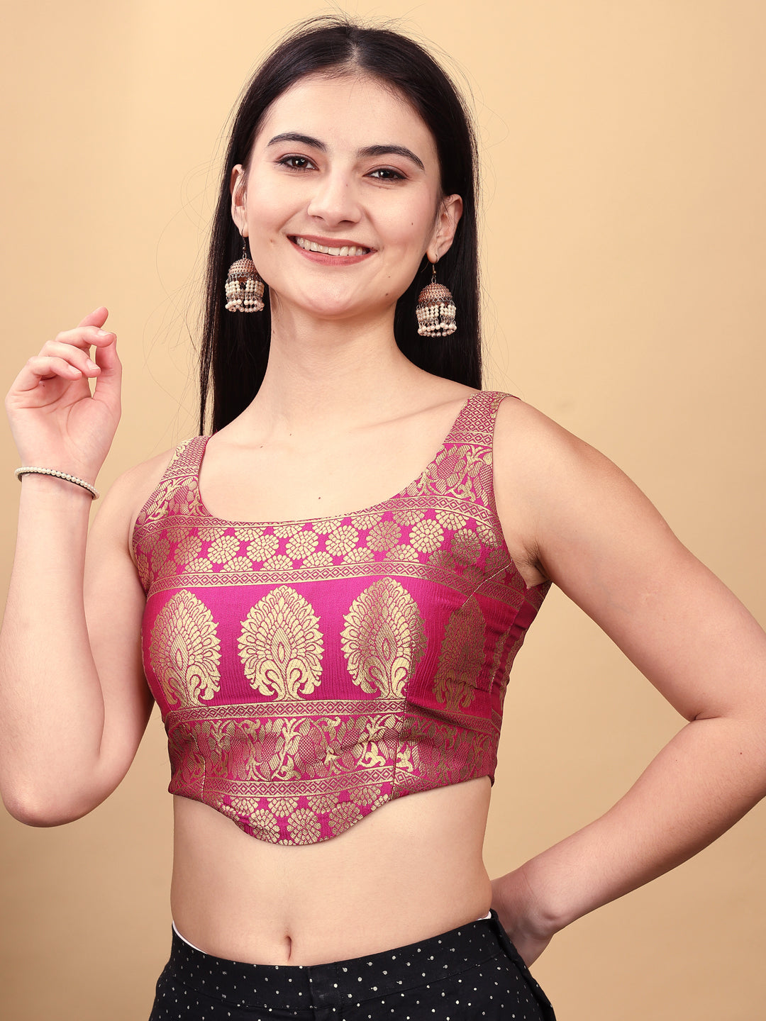Pink colored jacquard corset blouse with tie up at back