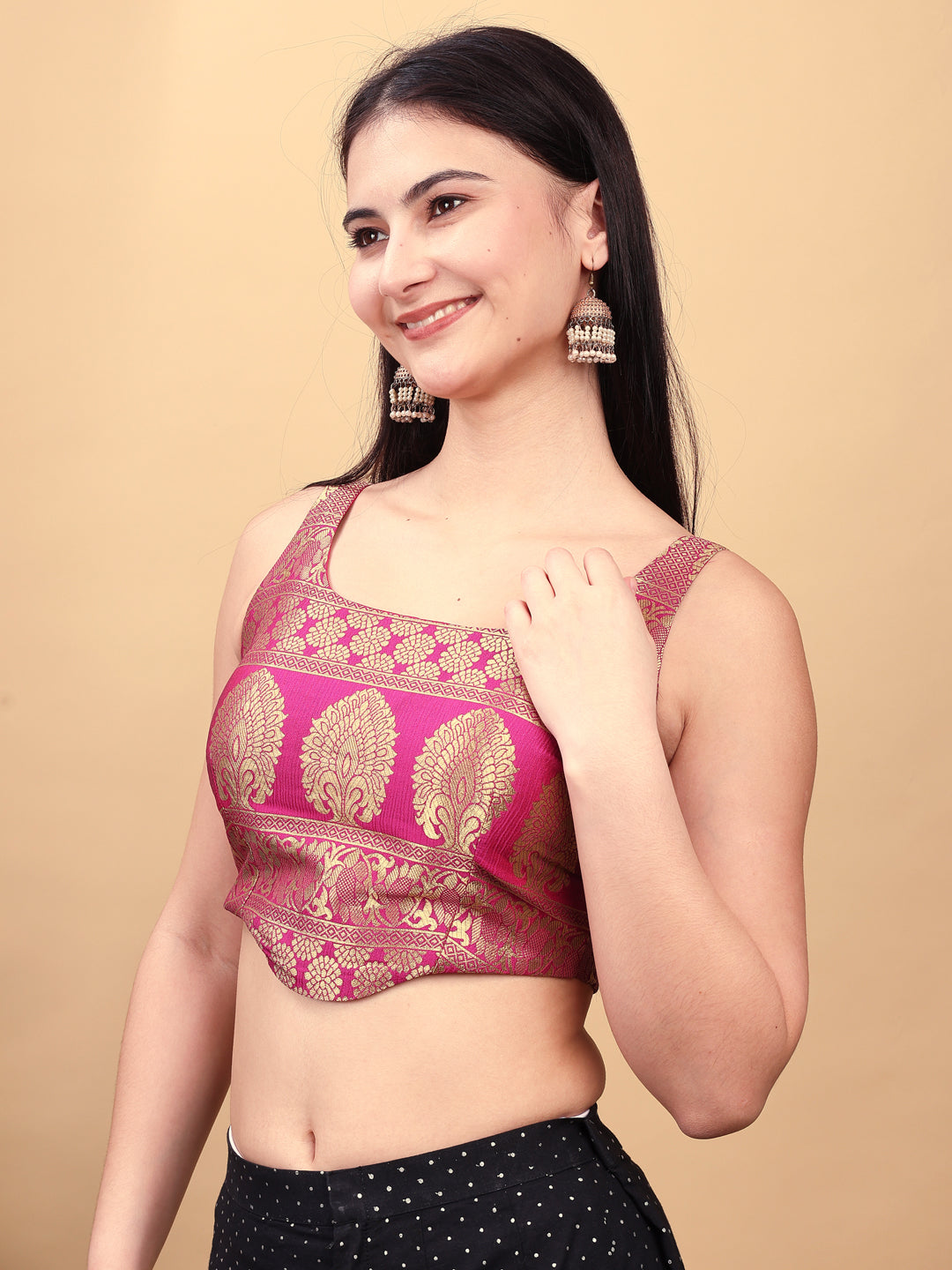 Pink colored jacquard corset blouse with tie up at back