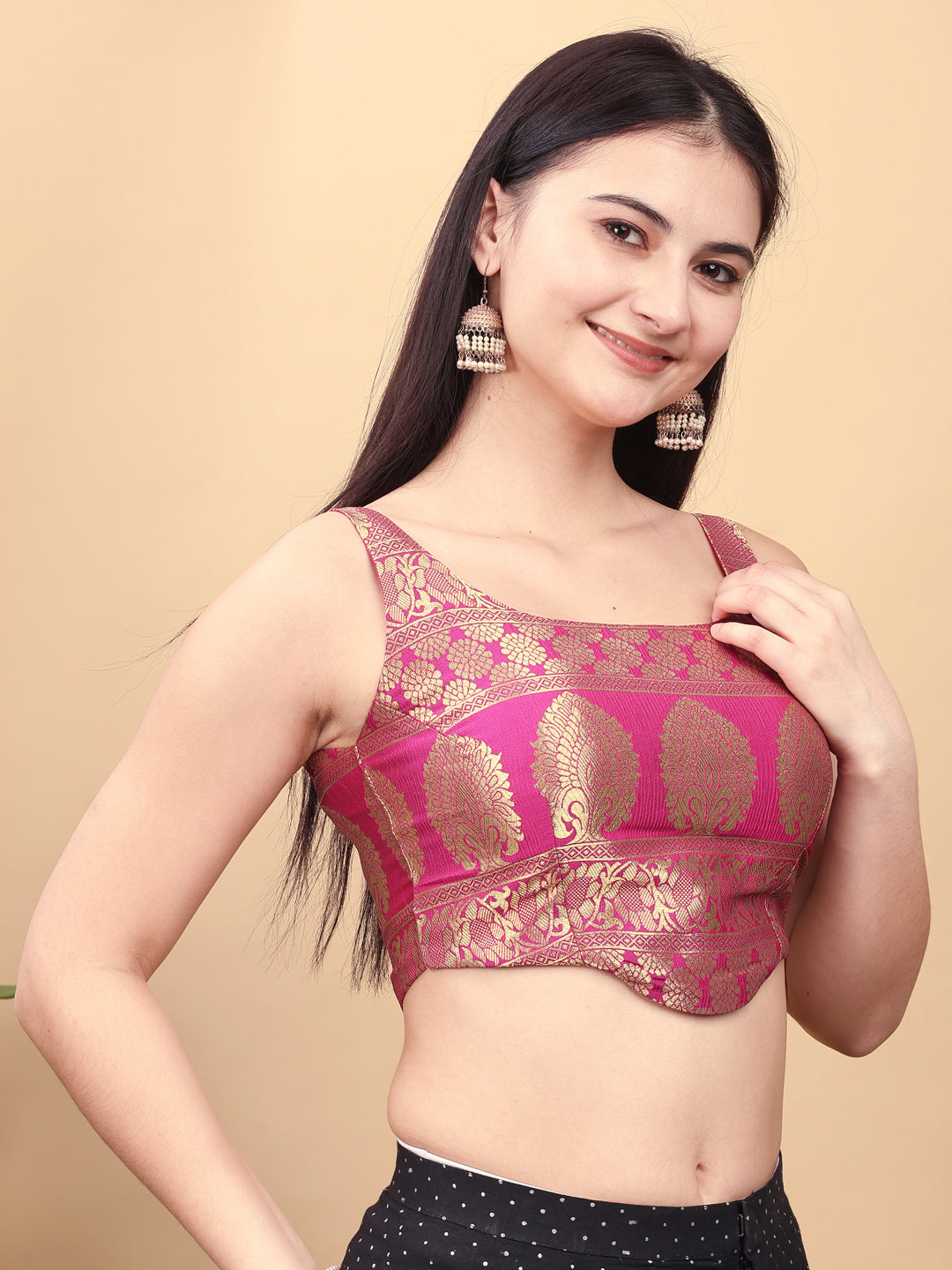 Pink colored jacquard corset blouse with tie up at back
