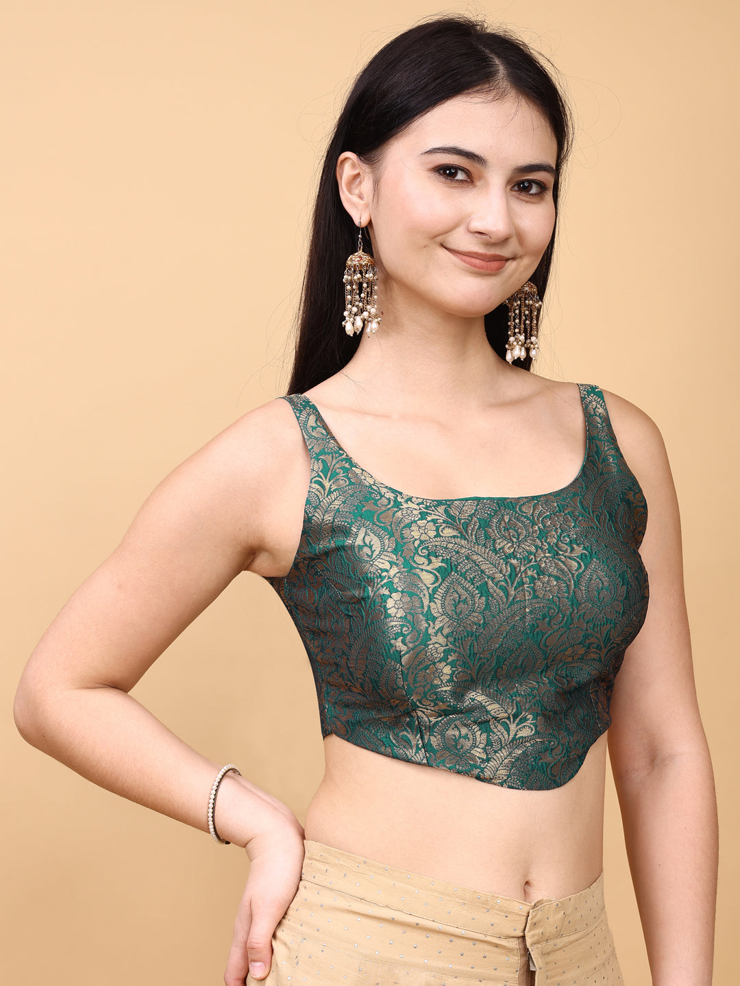 Teal colored jacquard corset blouse with tie up at back