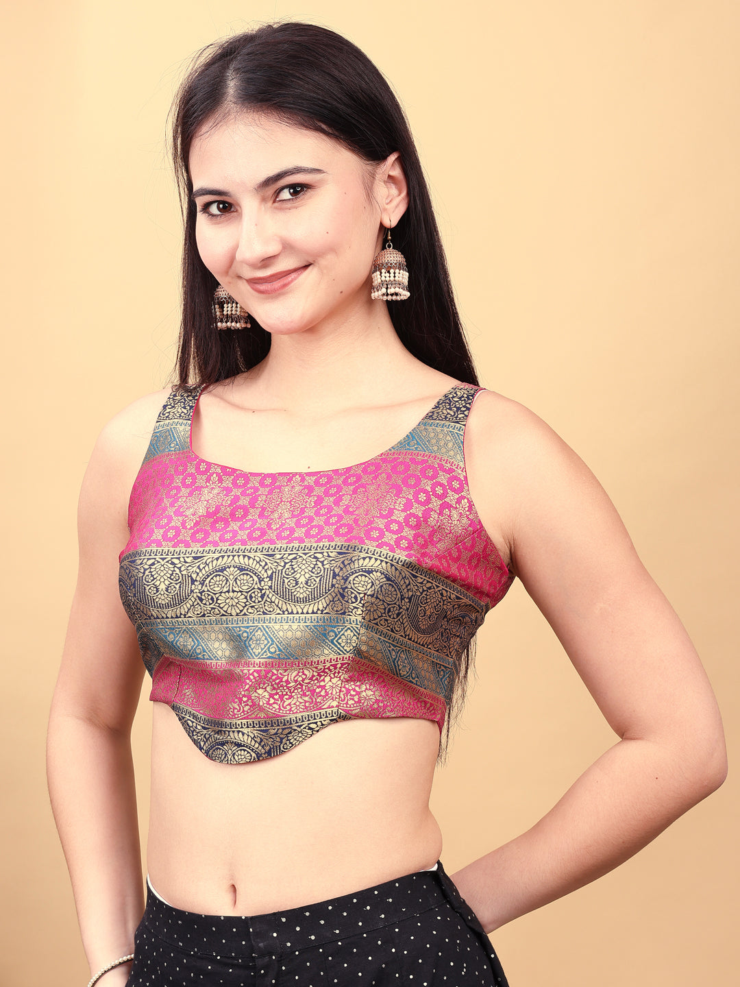 Multicolored jacquard corset blouse with tie up at back