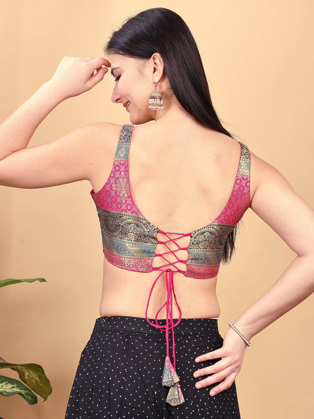 Multicolored jacquard corset blouse with tie up at back