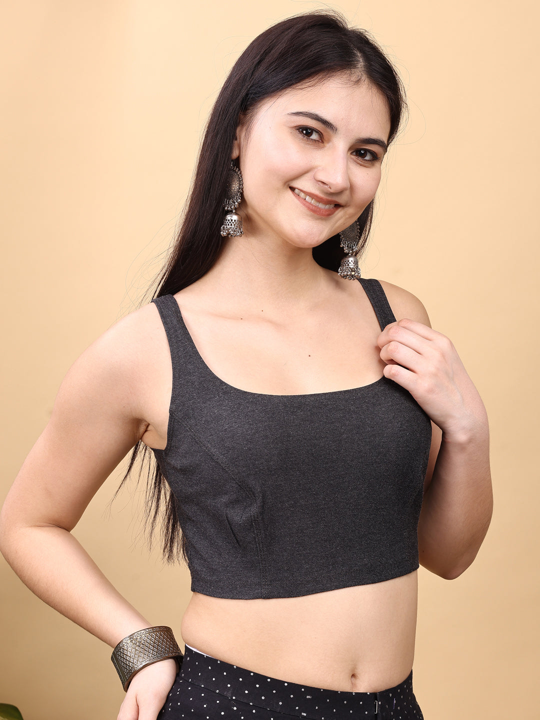 Black colored denim lycra stretchable blouse