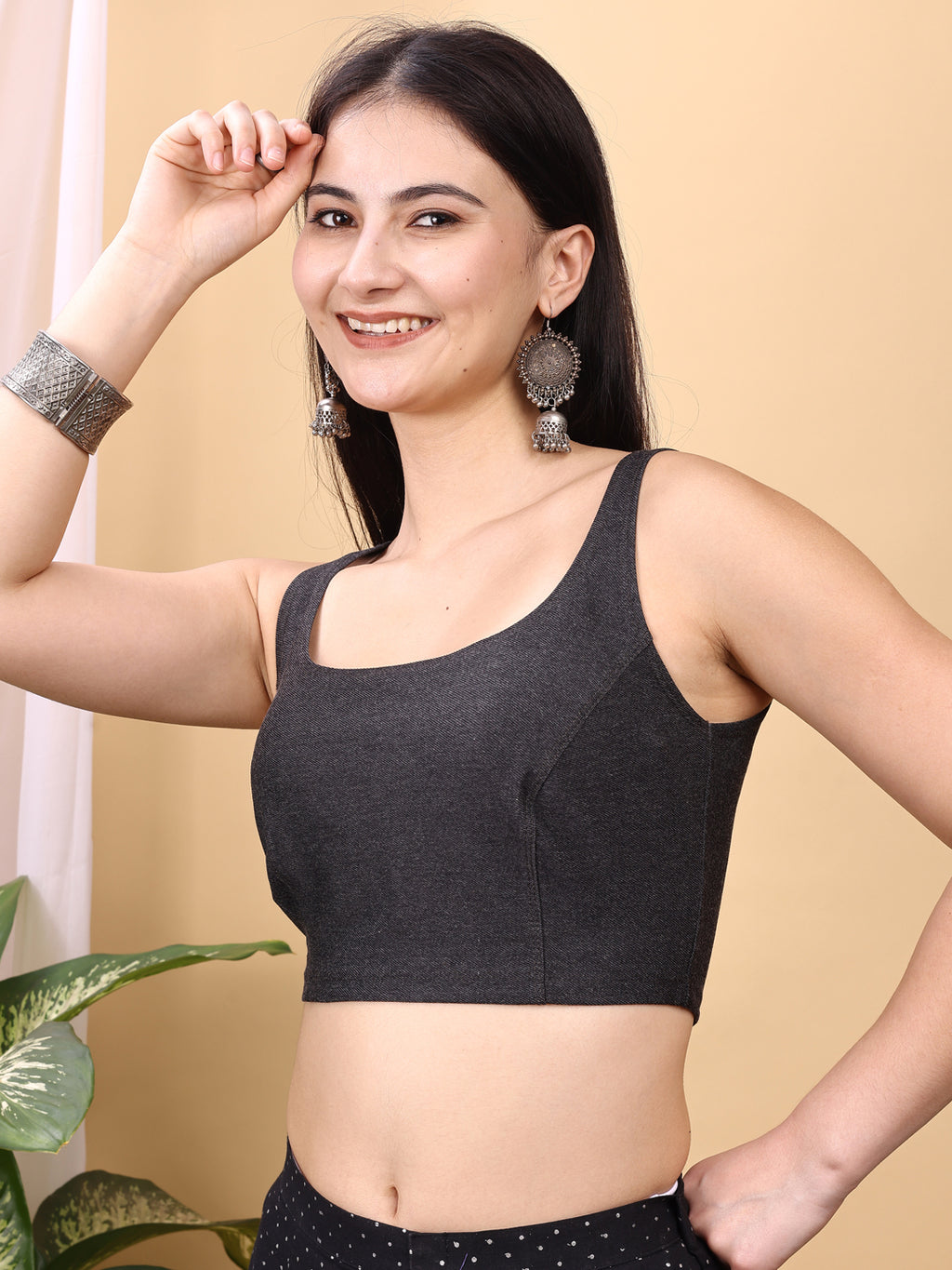 Black colored denim lycra stretchable blouse