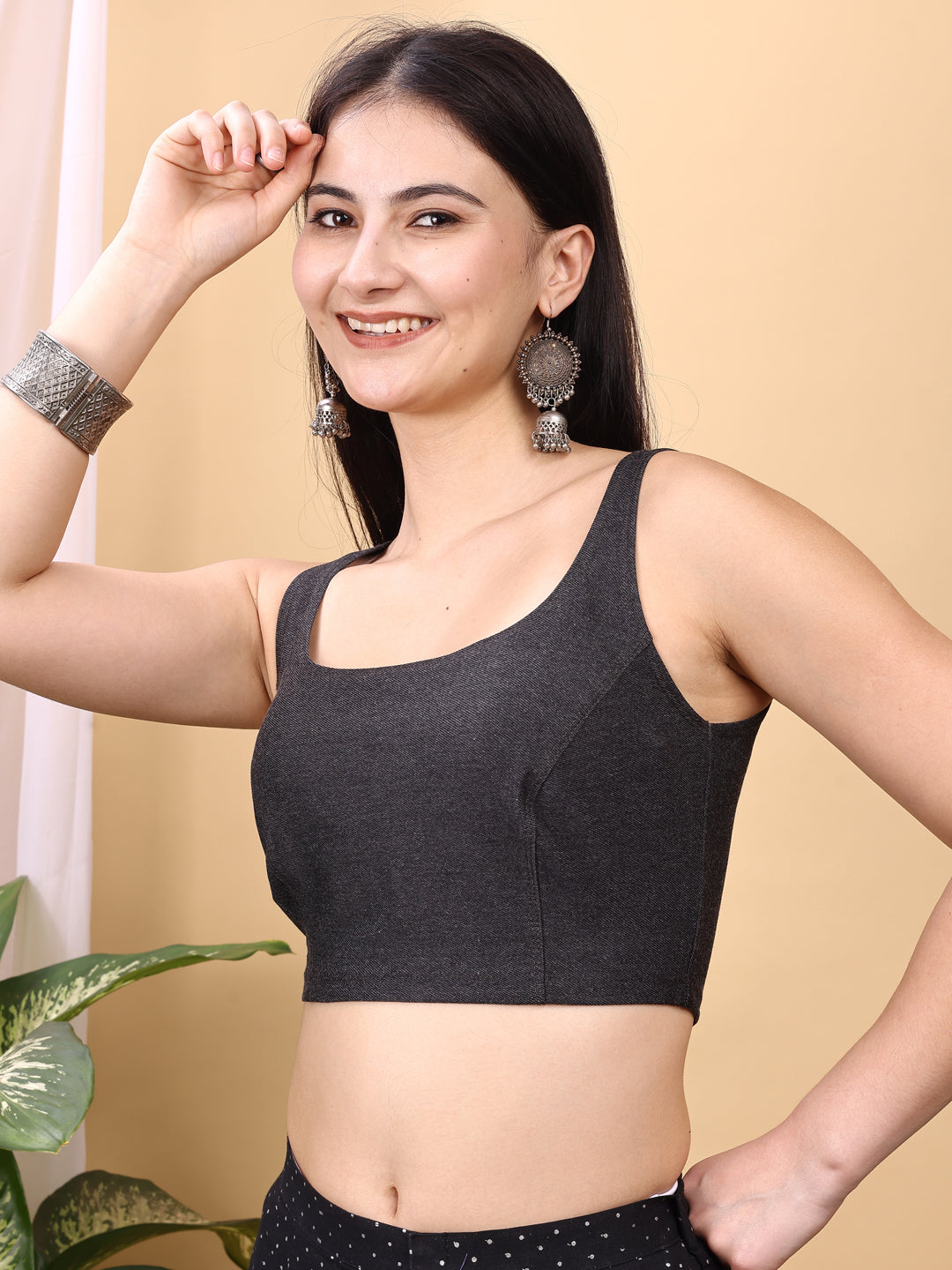 Black colored denim lycra stretchable blouse