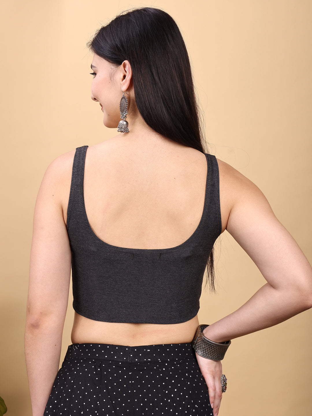 Black colored denim lycra stretchable blouse