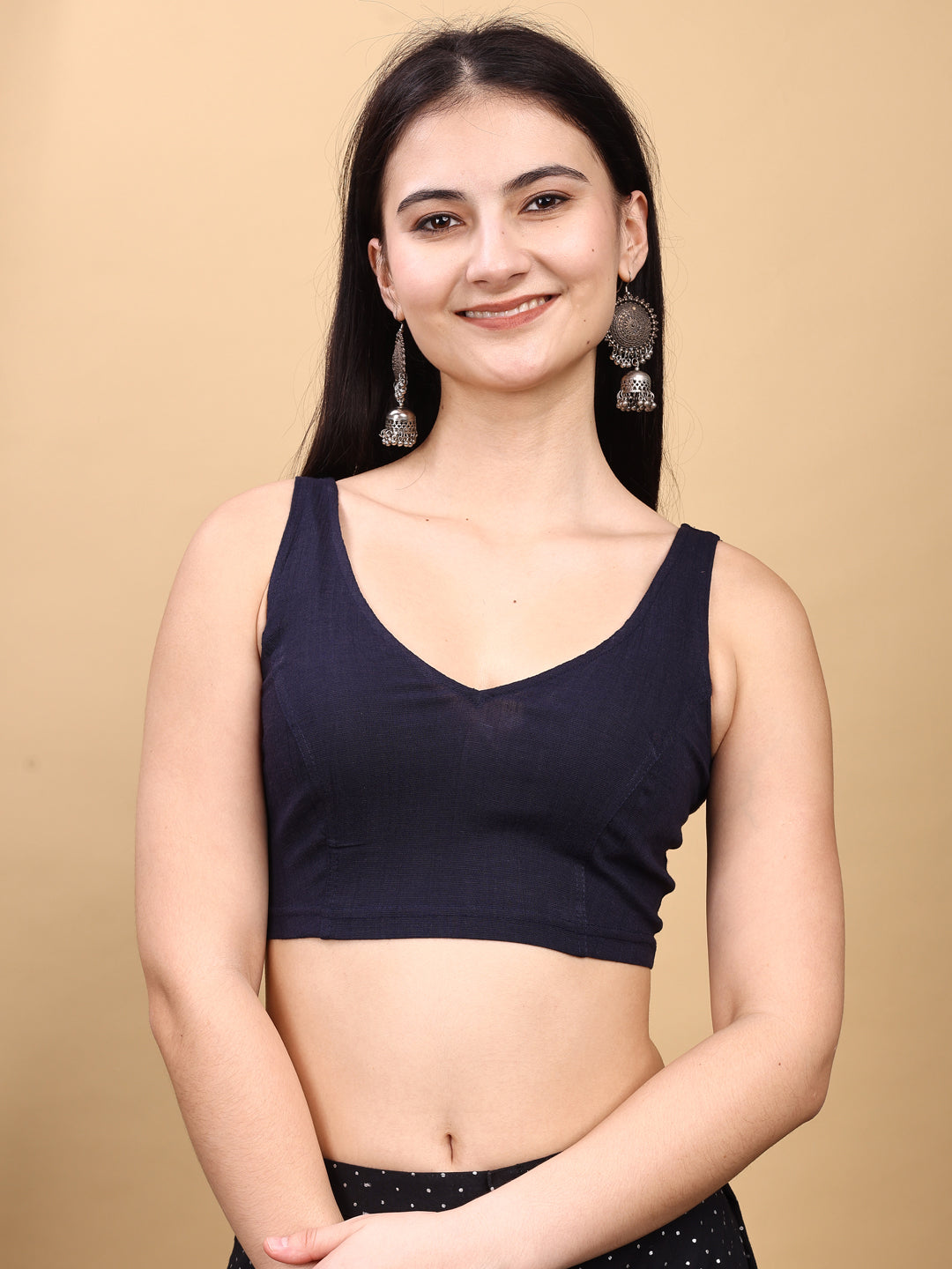 Navy blue colored lycra v neck blouse