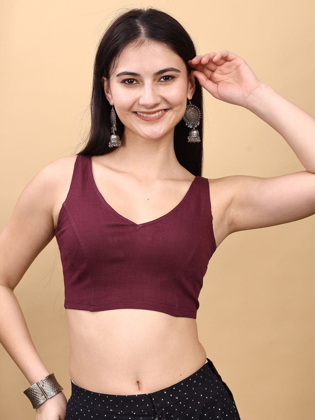 Wine colored lycra v neck blouse