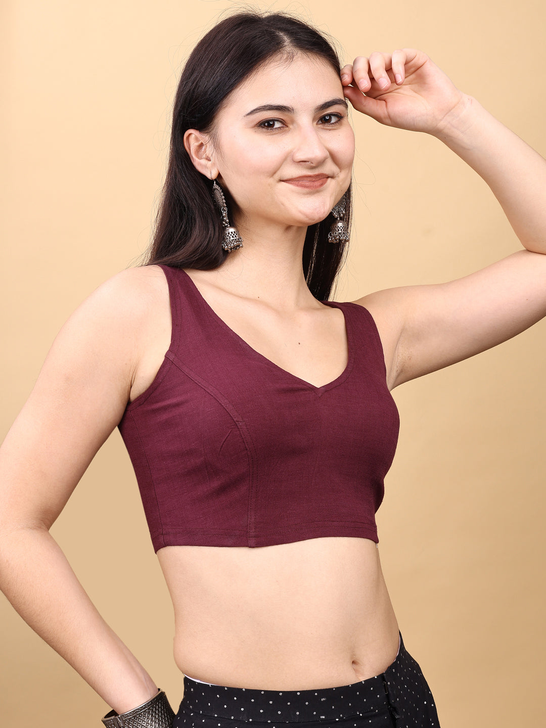 Wine colored lycra v neck blouse