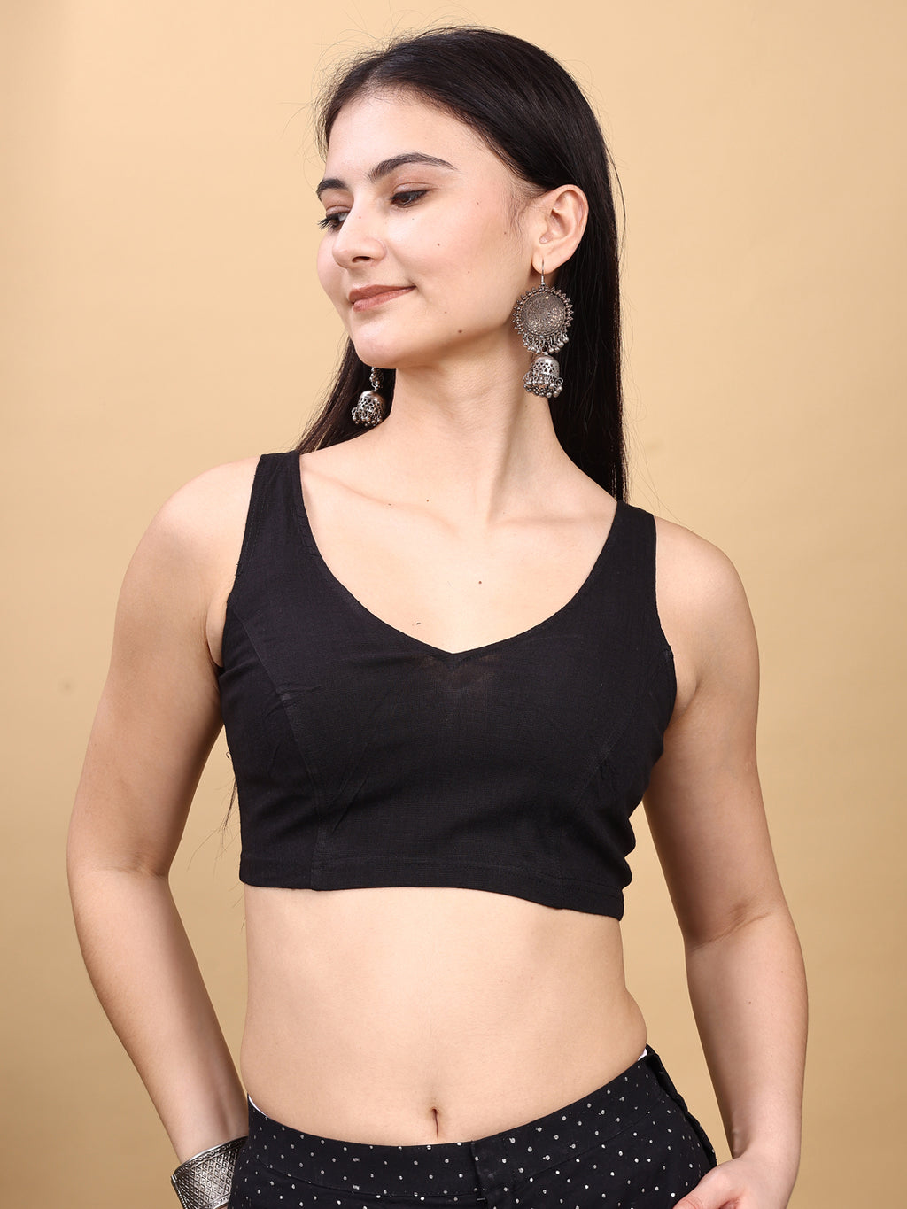 Black colored lycra v neck blouse