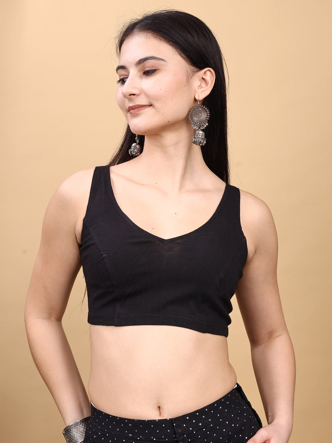 Black colored lycra v neck blouse