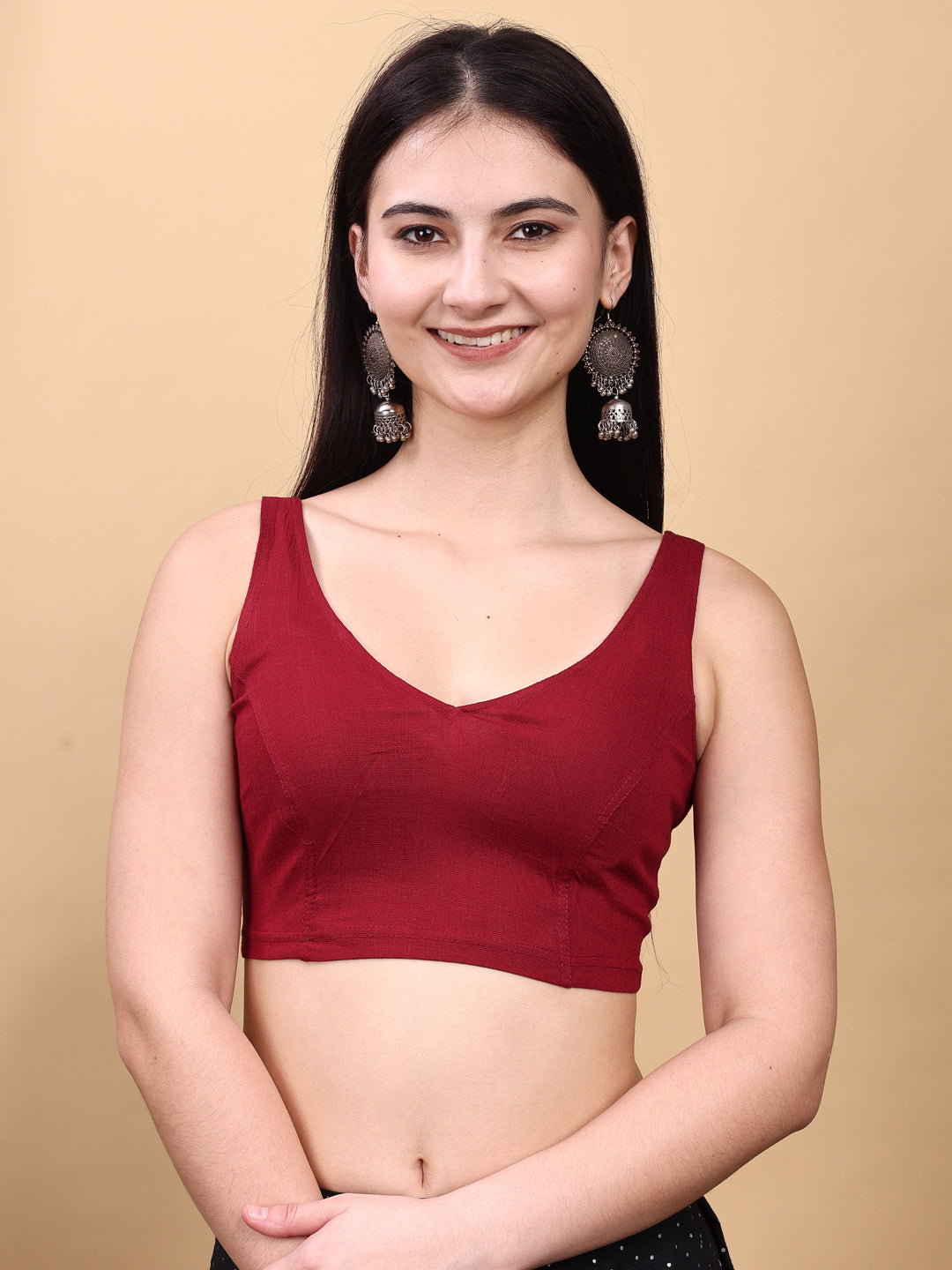 Red colored lycra v neck blouse