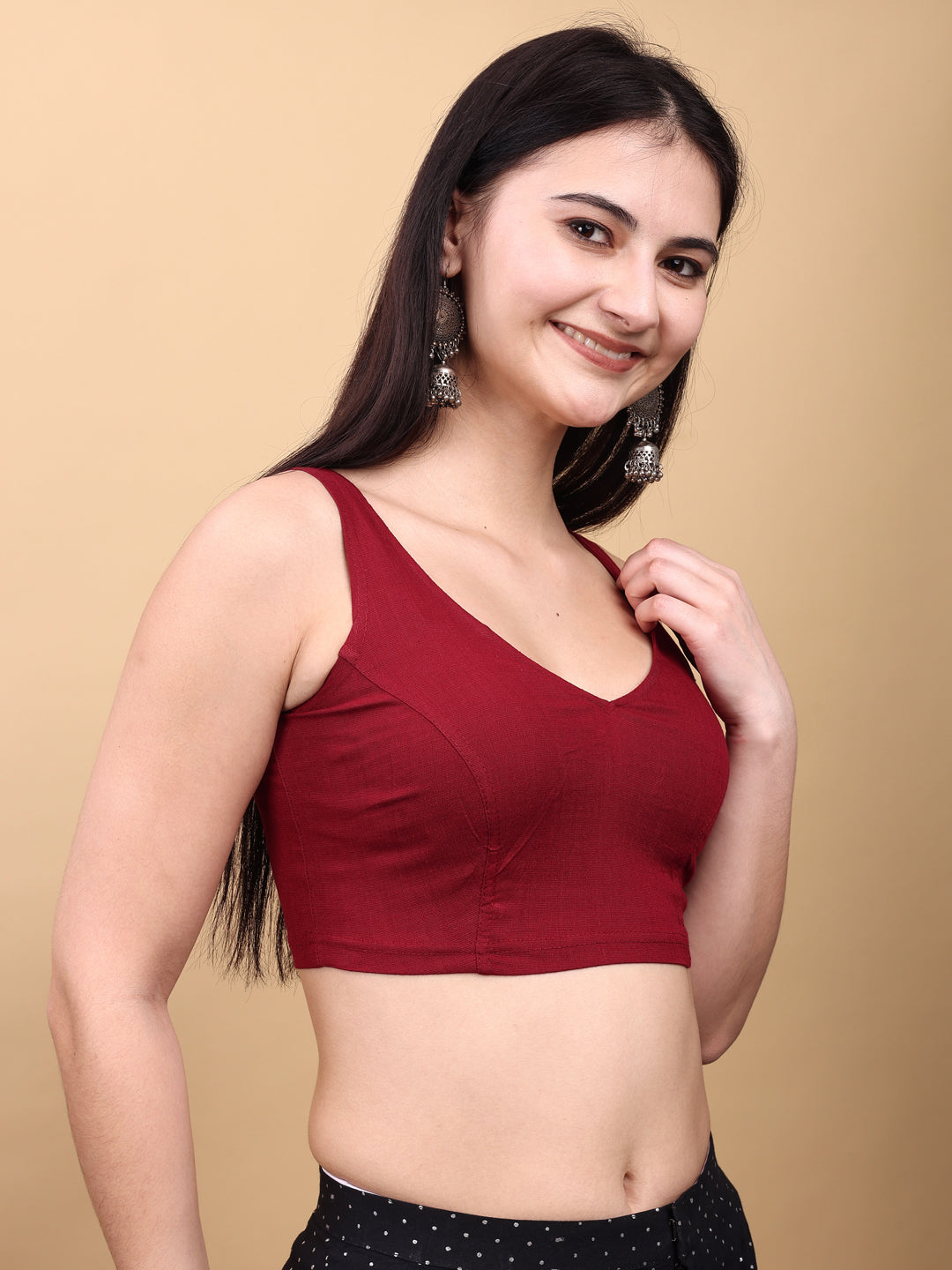Red colored lycra v neck blouse