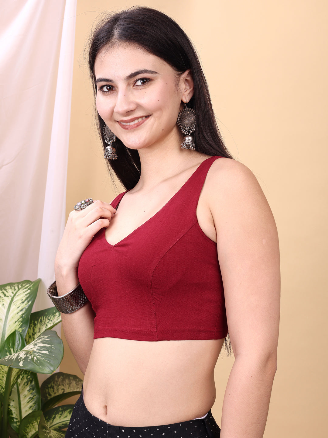 Red colored lycra v neck blouse
