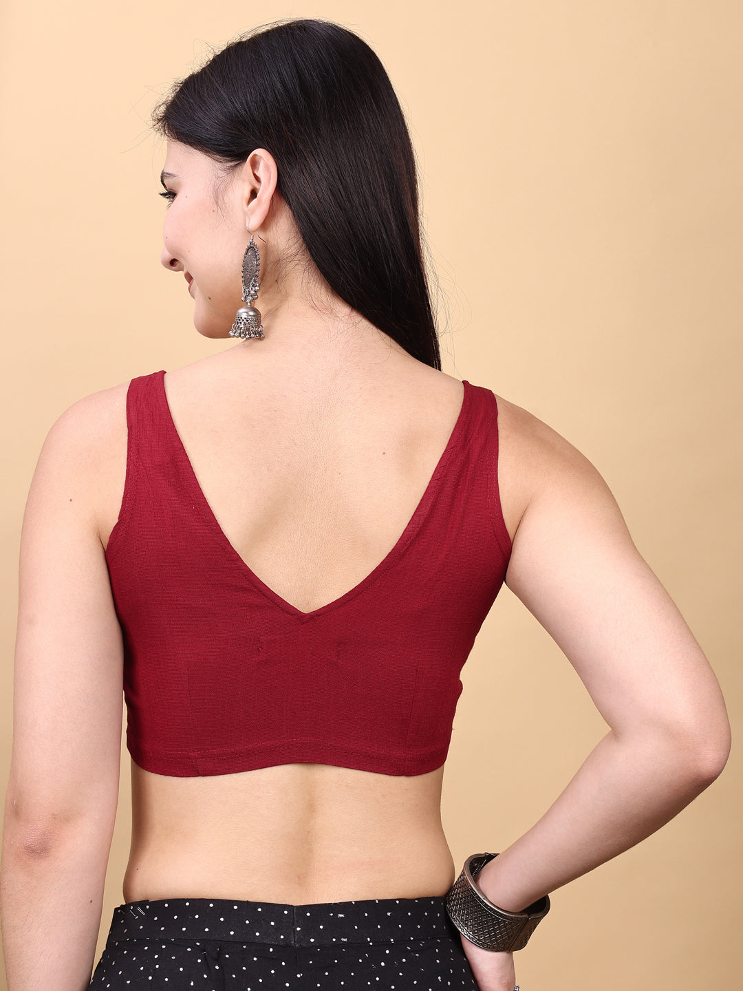 Red colored lycra v neck blouse