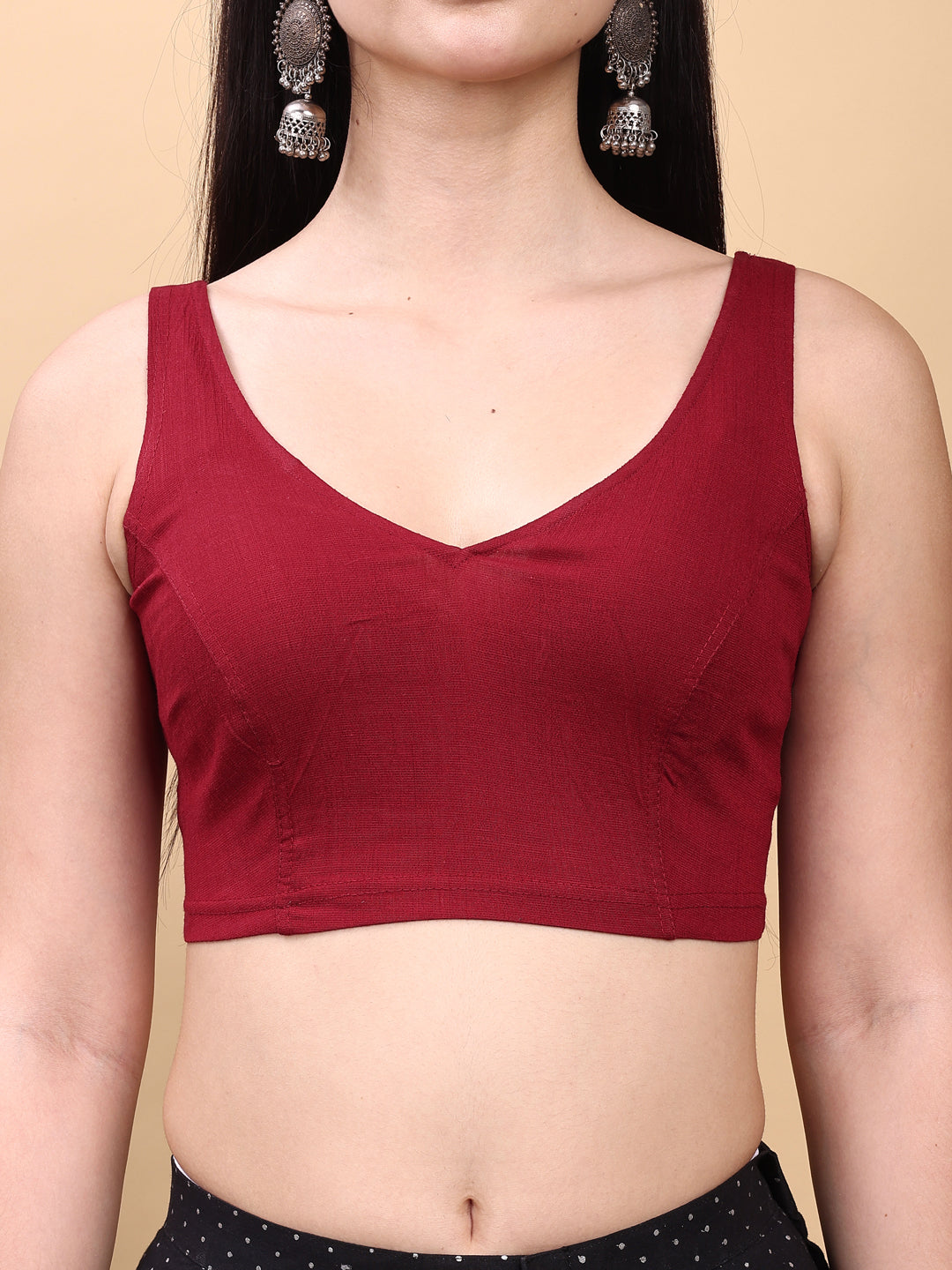 Red colored lycra v neck blouse