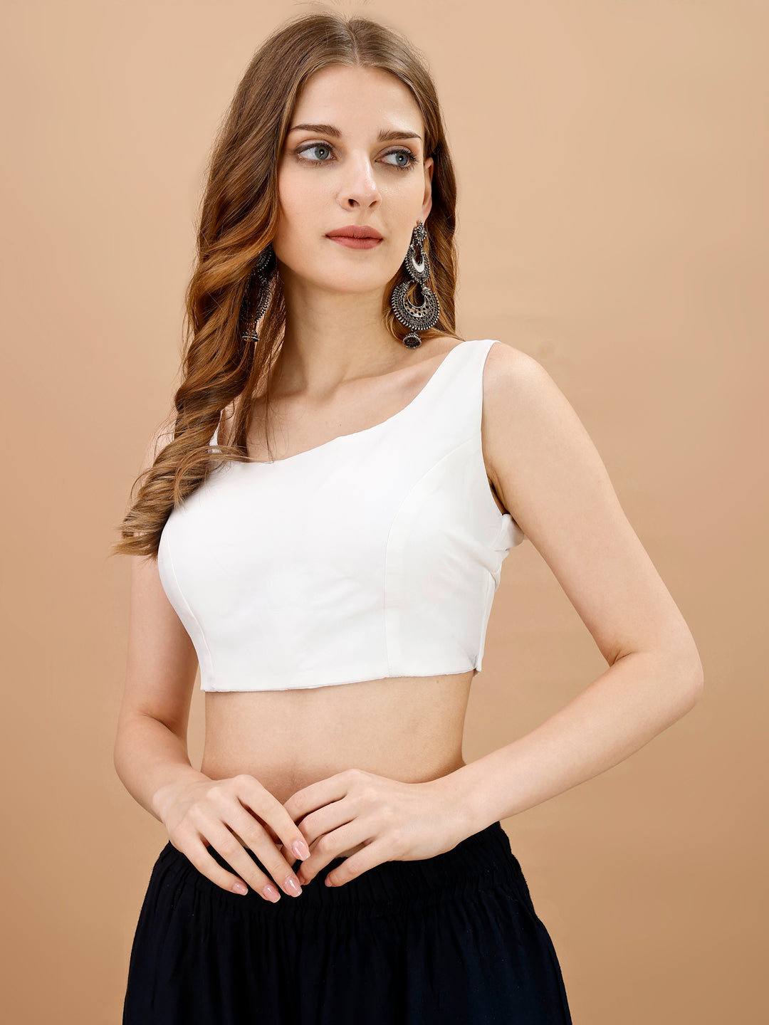 White colored sleeveless tafeta blouse