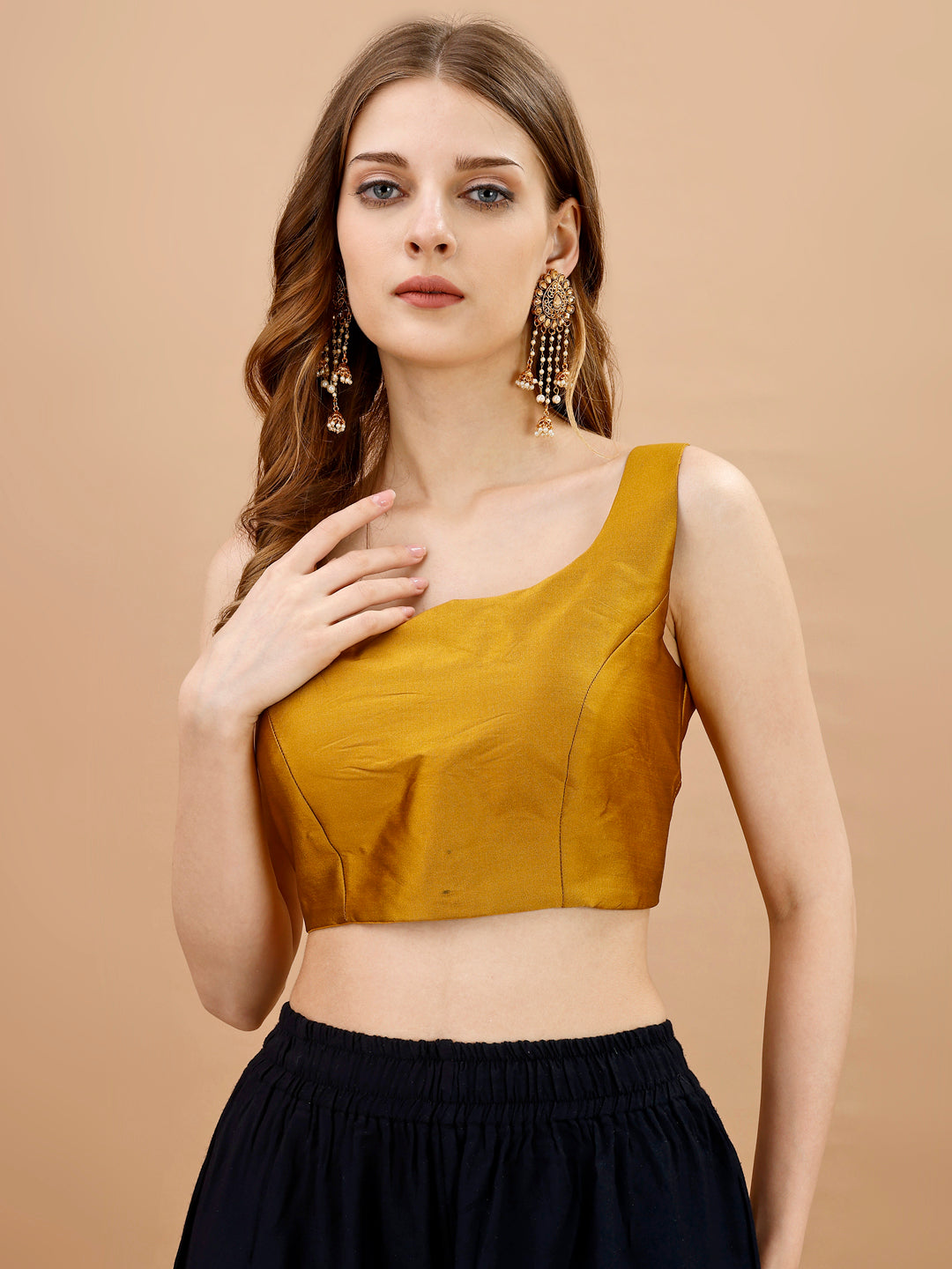 Mustard colored sleeveless tafeta blouse