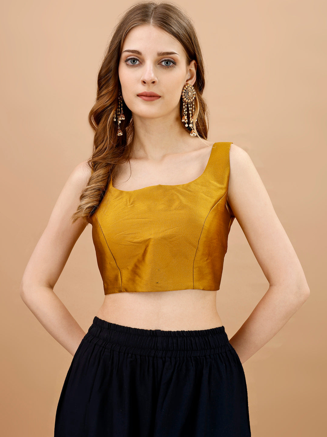 Mustard colored sleeveless tafeta blouse
