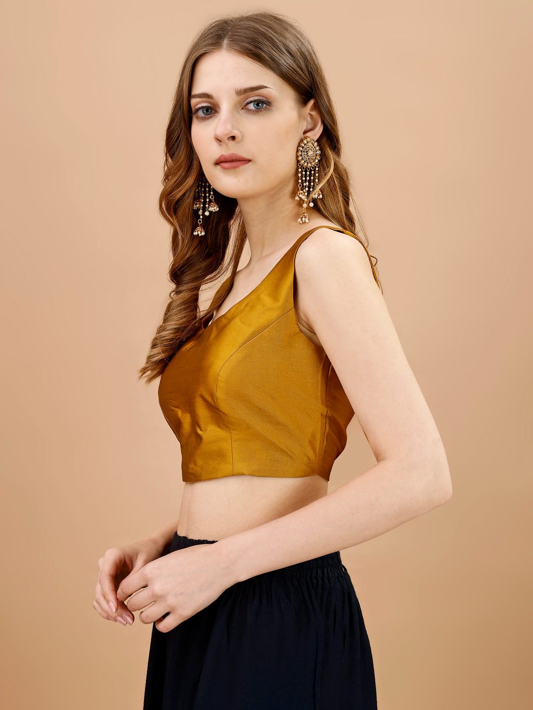 Mustard colored sleeveless tafeta blouse