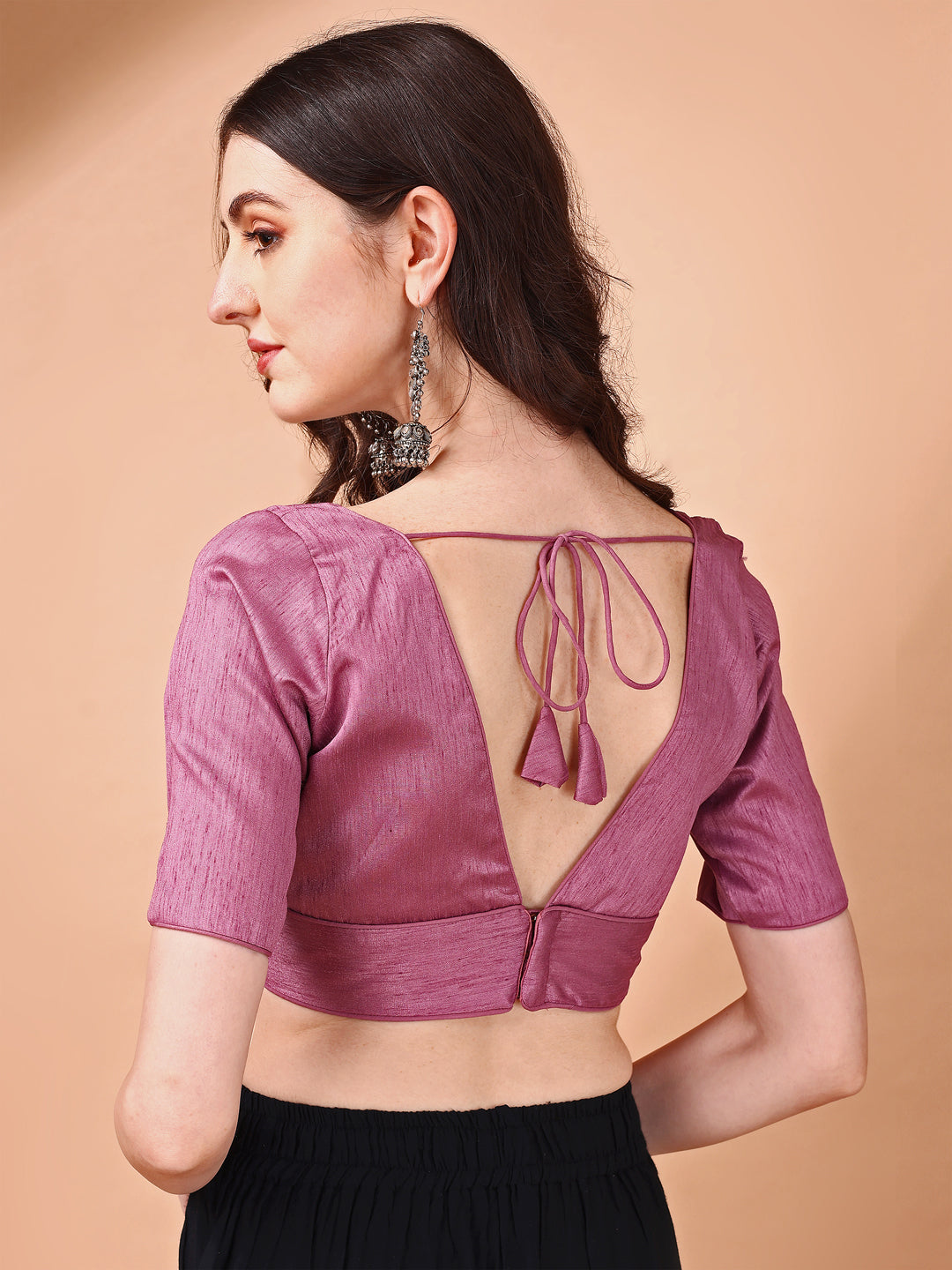 Pink colored half sleeves v neck blouse