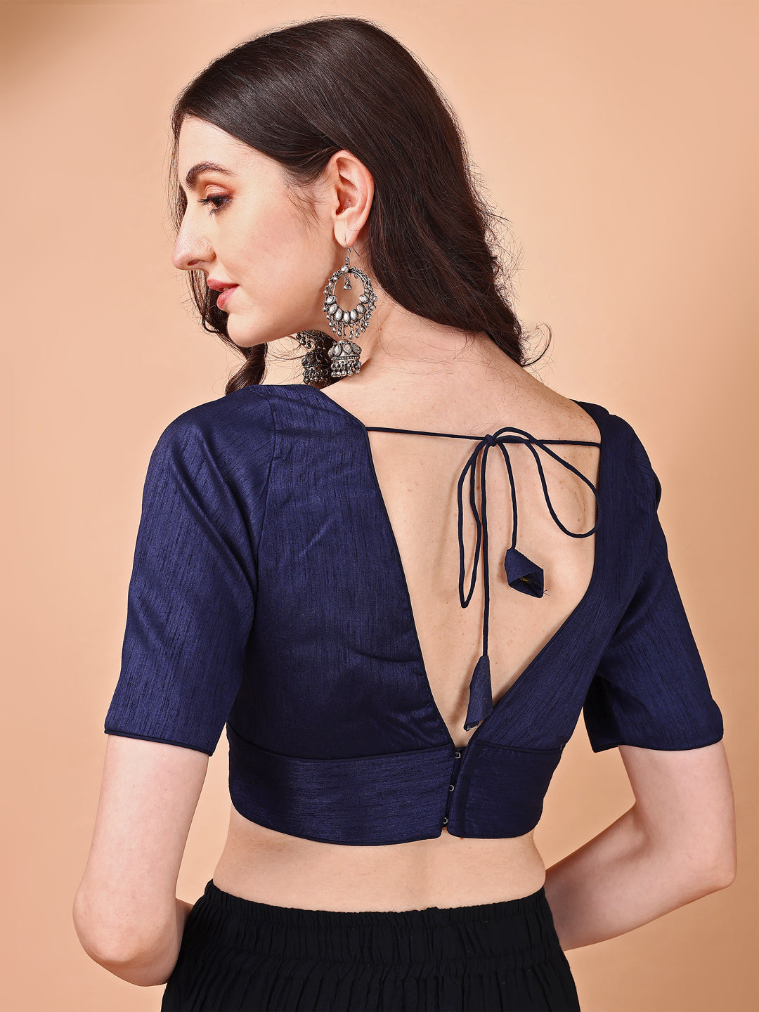 Navy blue colored half sleeves v neck blouse