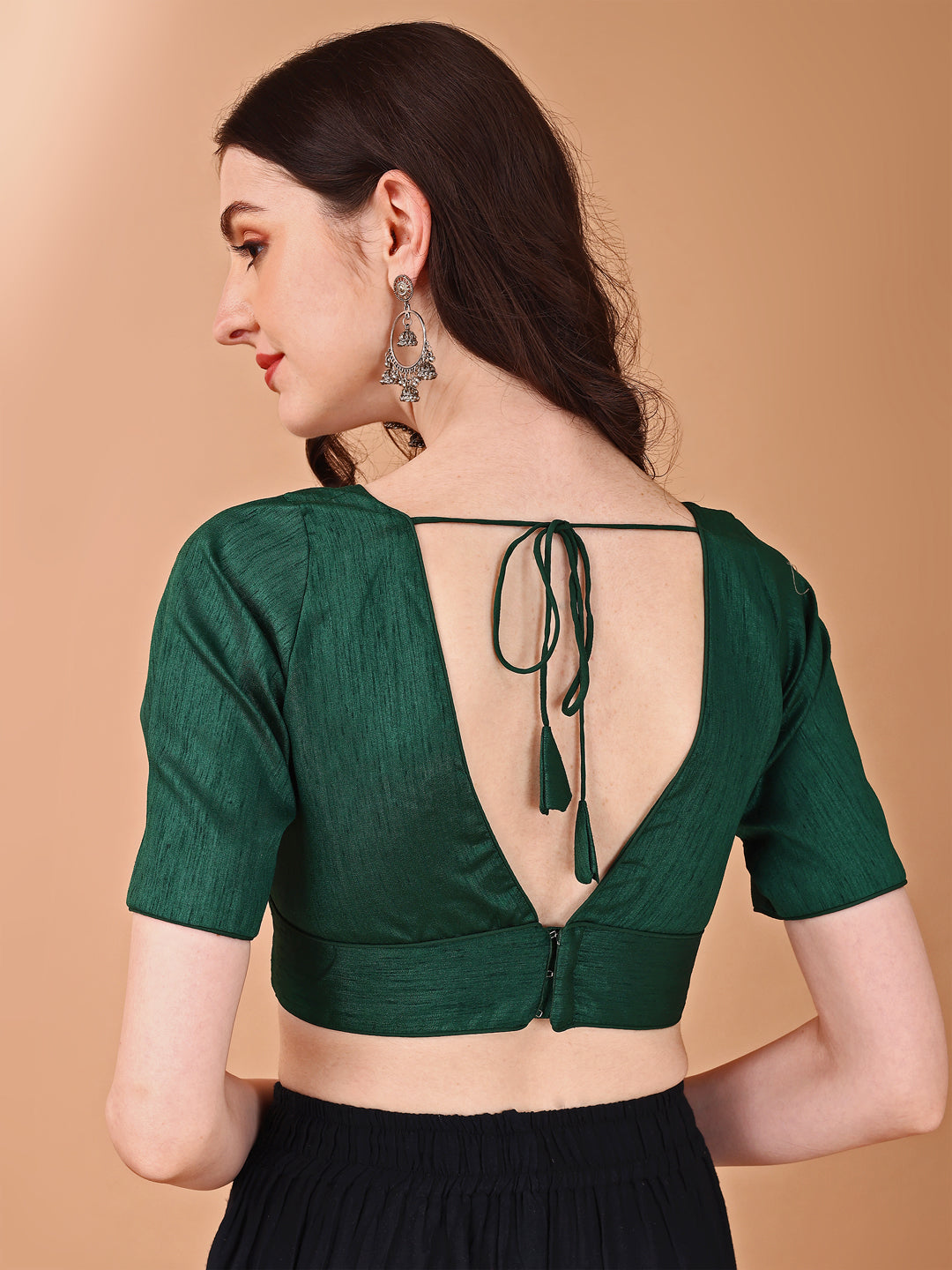 Green colored half sleeves v neck blouse